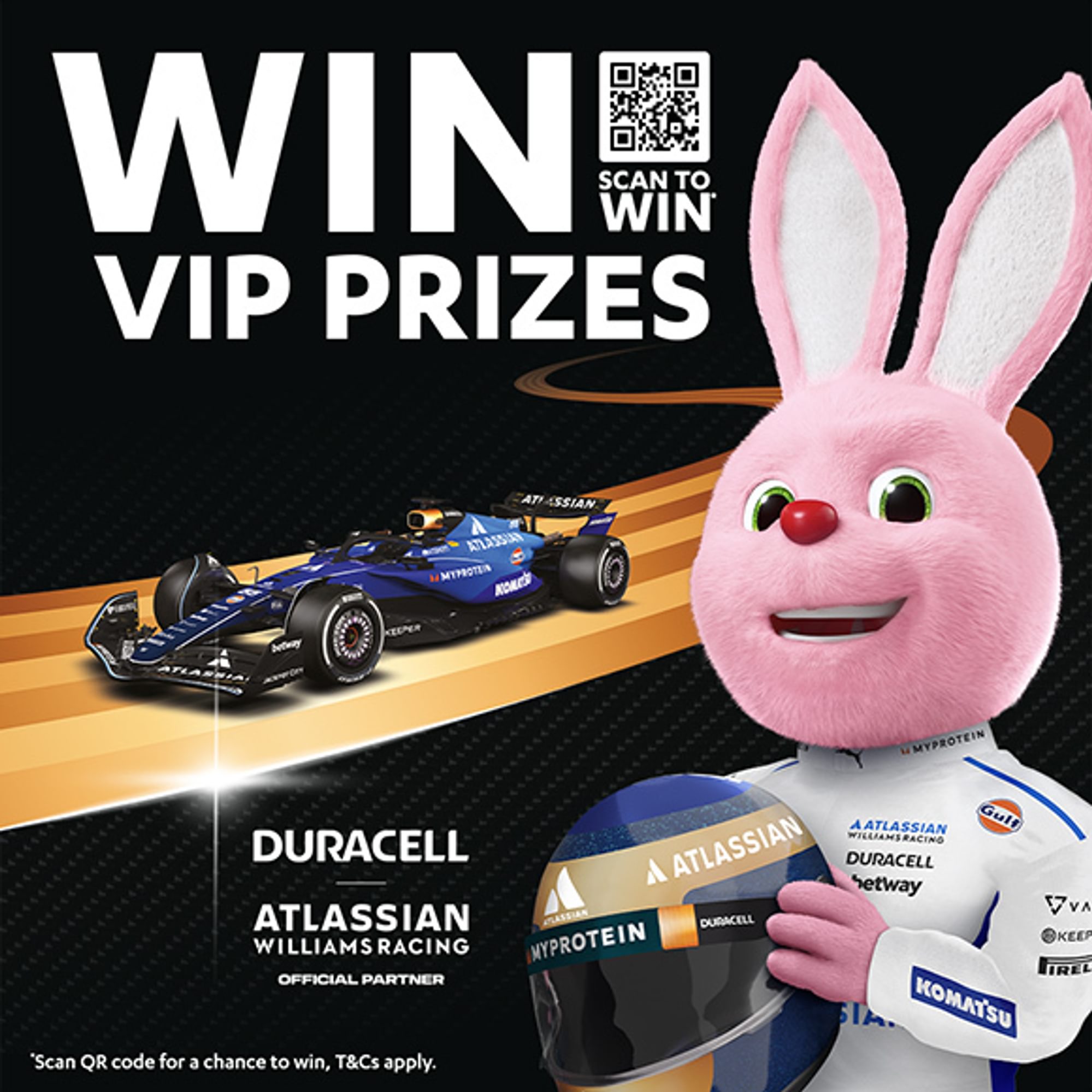 Duracell F1 key visual featuring the bunny mascot in racing gear and F1 car