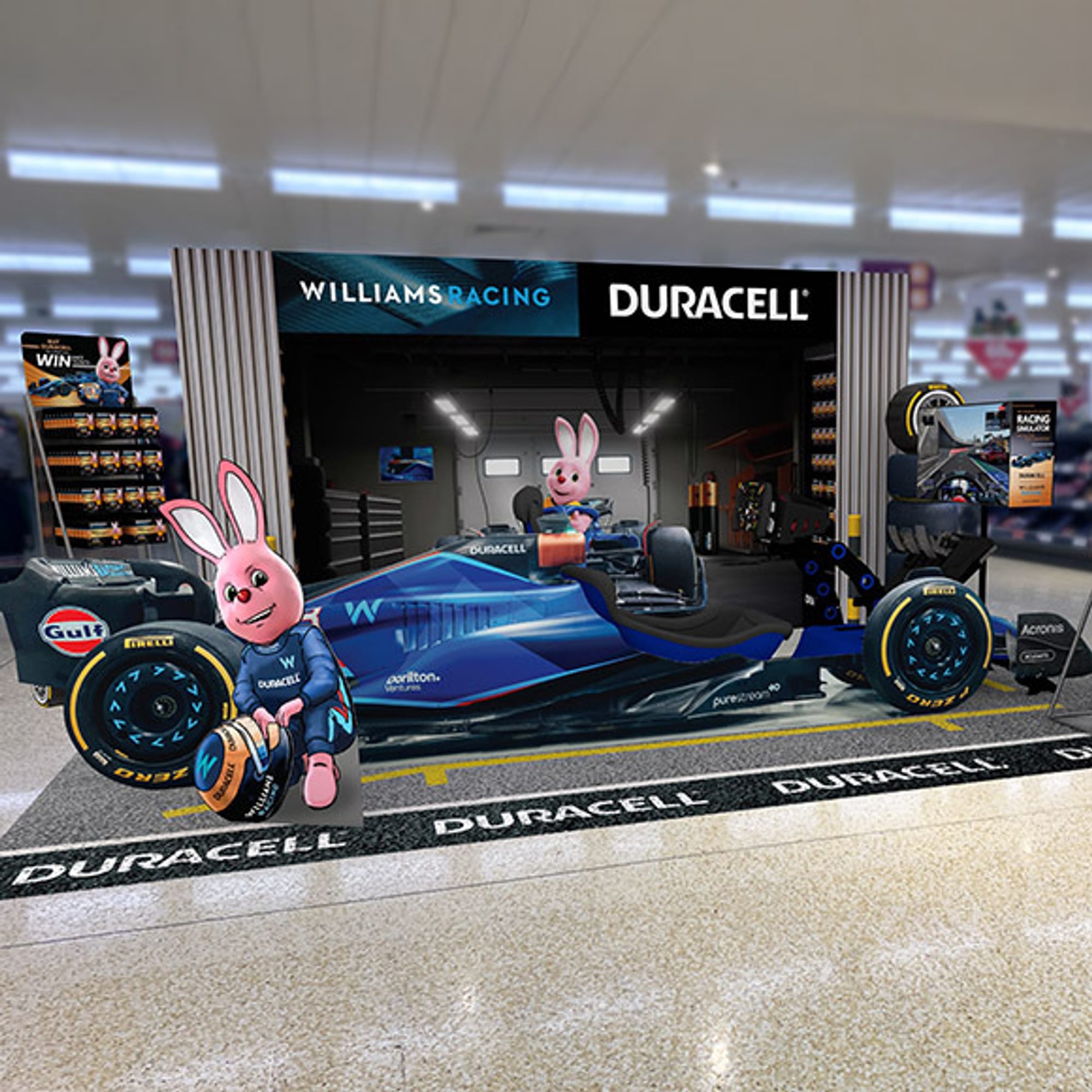A 3D concept for a front of store point of sale theatre display featuring the F1 Duracall Williams Racing collaboration