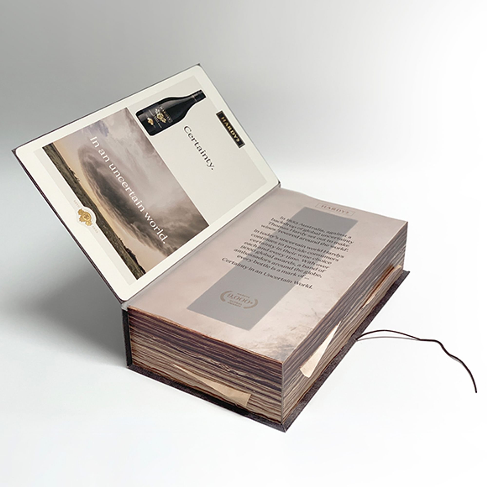A Hardys Wine presentation pack box styled like an old, leather bound book