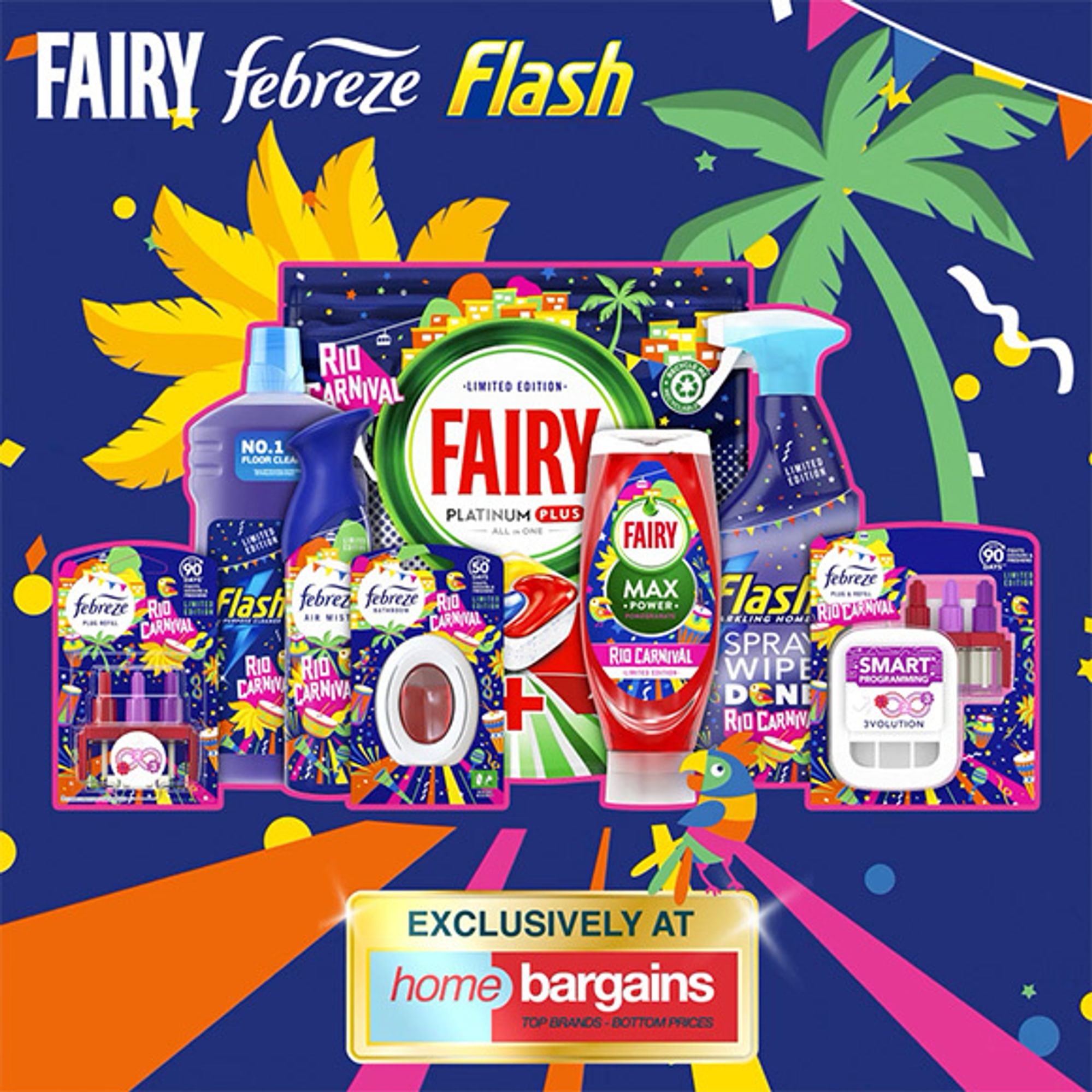2D animation of Fairy, Febreze and Flash brands with tropical animations and exclusively at Home Bargains