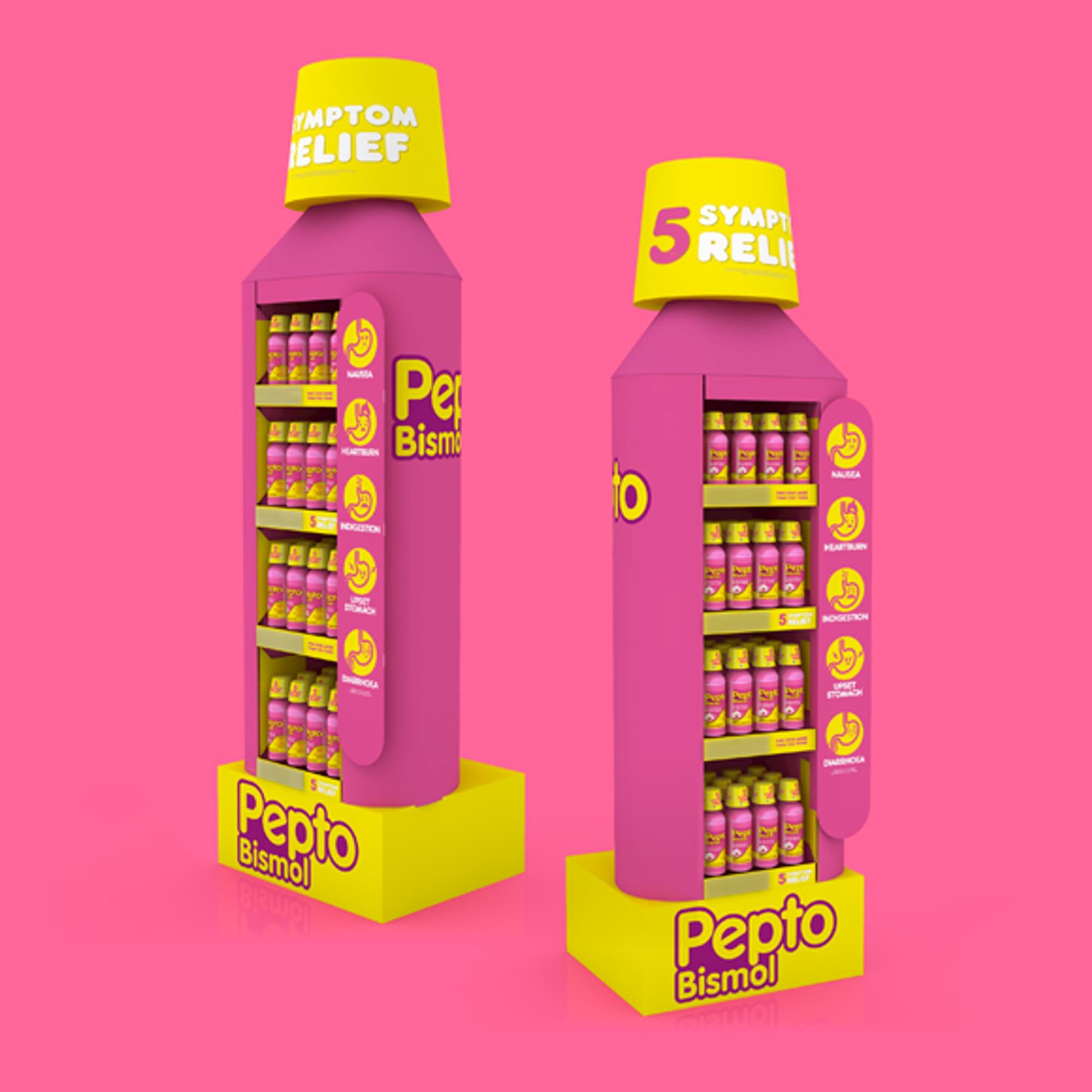 Pepto Bismol point of sale freestanding display units