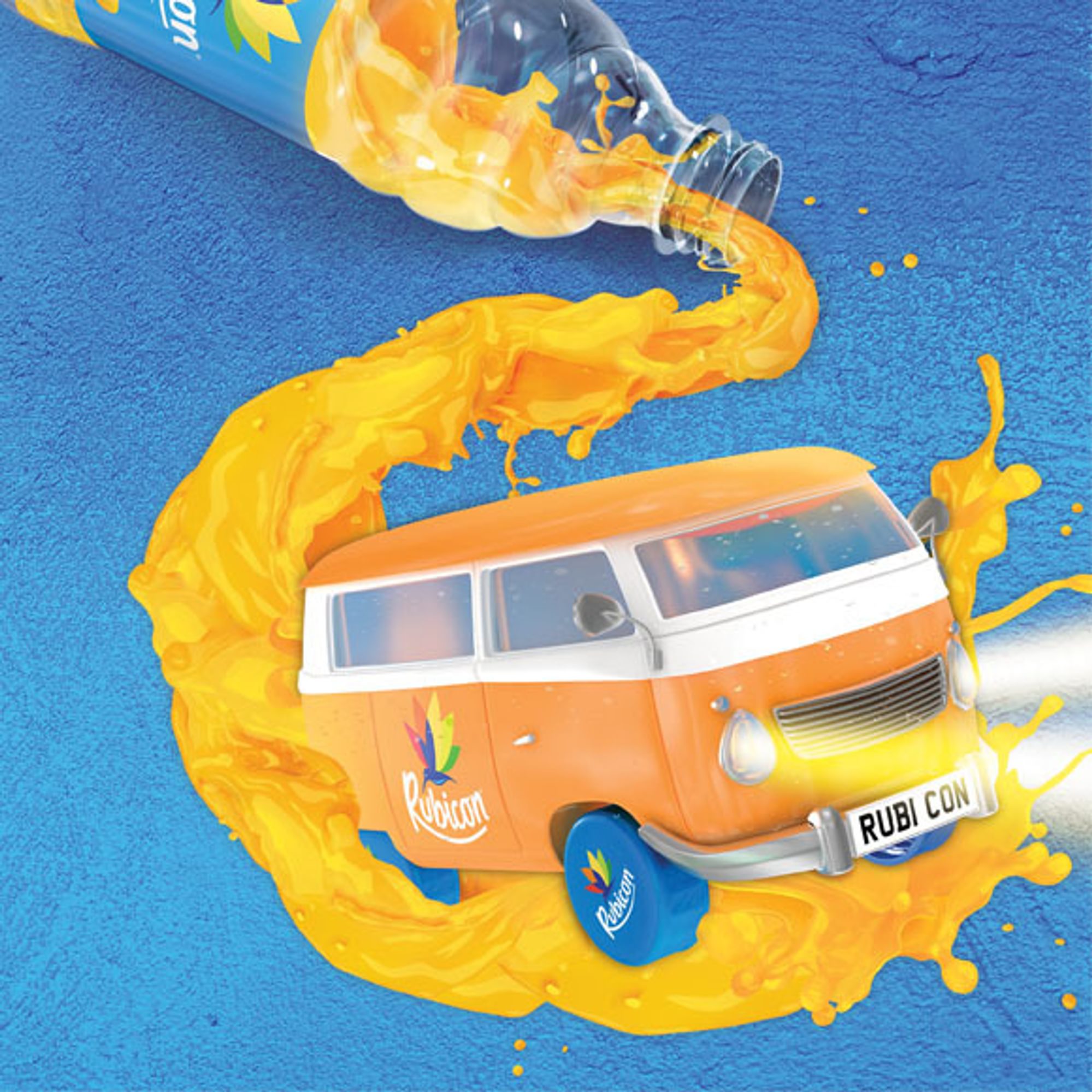 Orange Rubicon pouring from a bottle swirling around a camper van