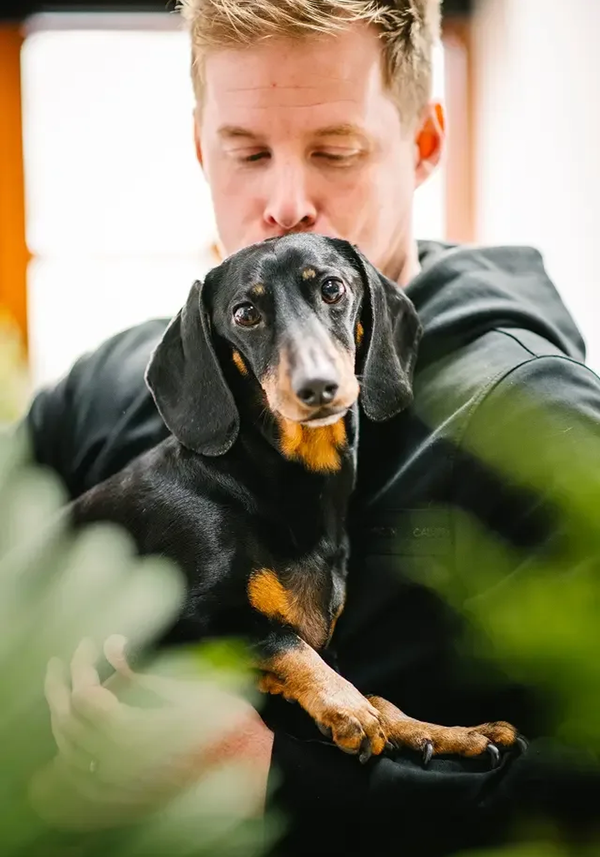 A man holds a small dog