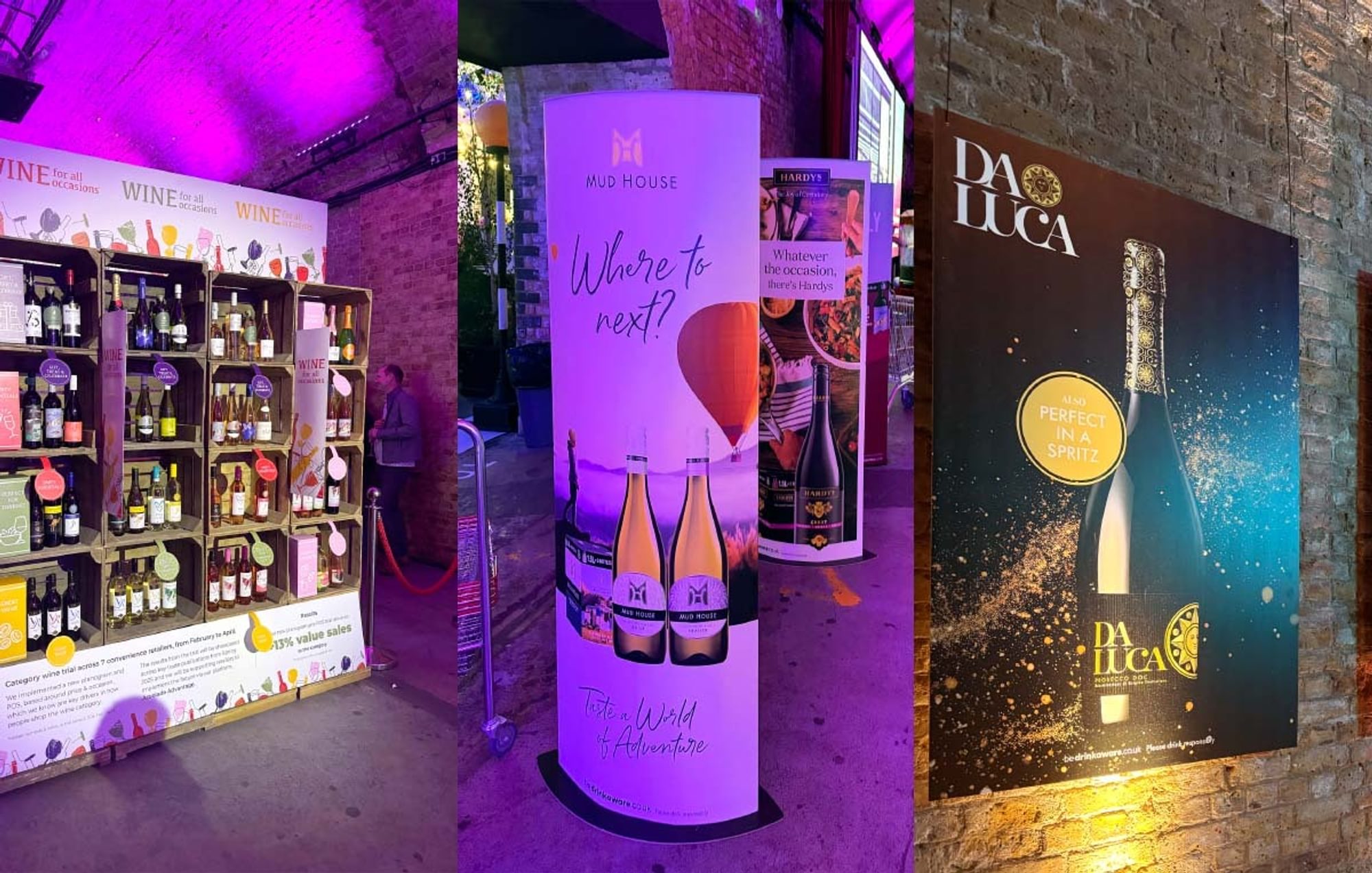 Wine shelving display featuring colourful shelf edge graphics. A Mud House wine security shroud. Poster for Da Luca prosecco.