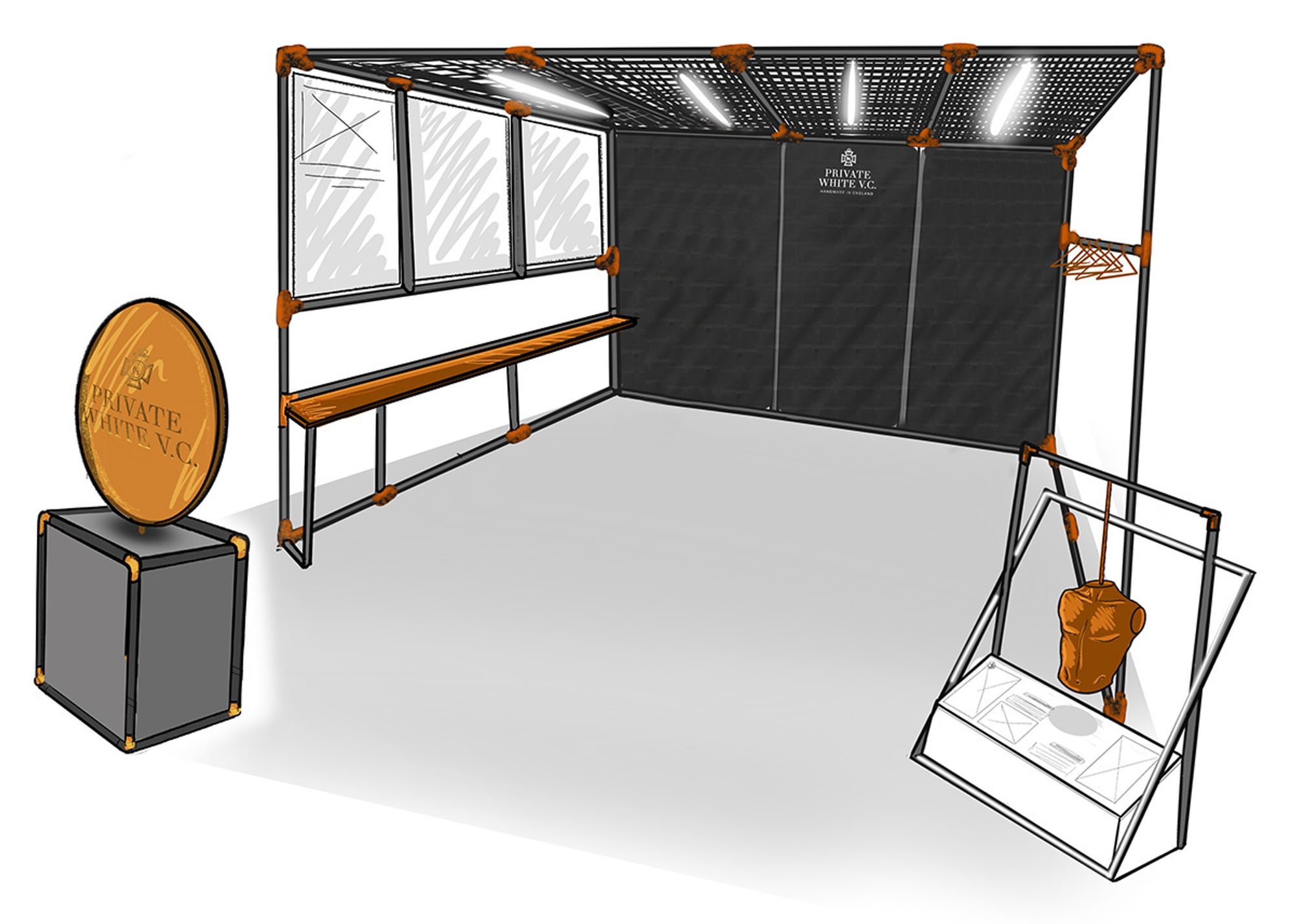 A sketch showing a concept for the space with elements of cubed framework, a wooden box with copper coloured disc and mannequin with info panel.